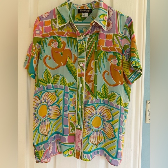 Vintage Bob Mackie Wearable Art Small Pink Green 100% Silk Tropical Fish Monkey - Picture 1 of 3